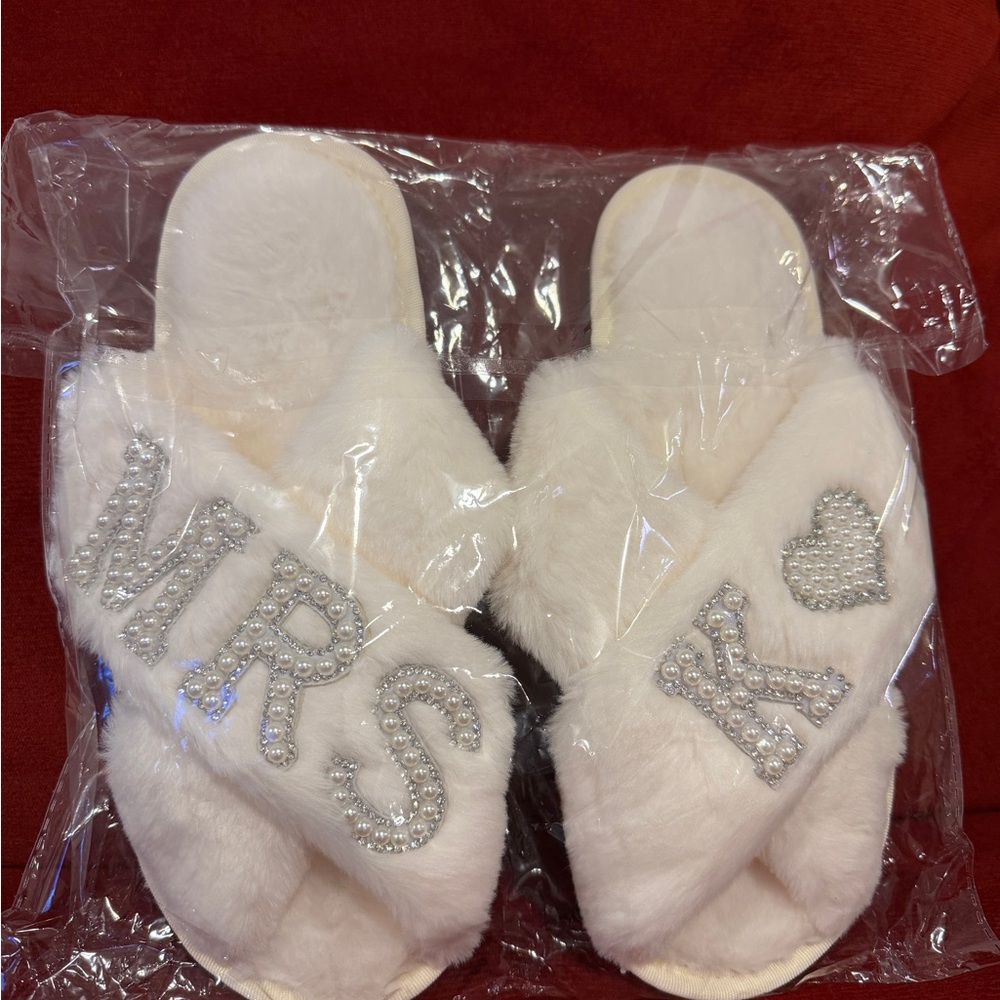 White Fur Slippers with Rhinestone Accents